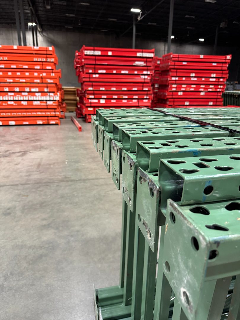 Rack beams and frames staged for installation